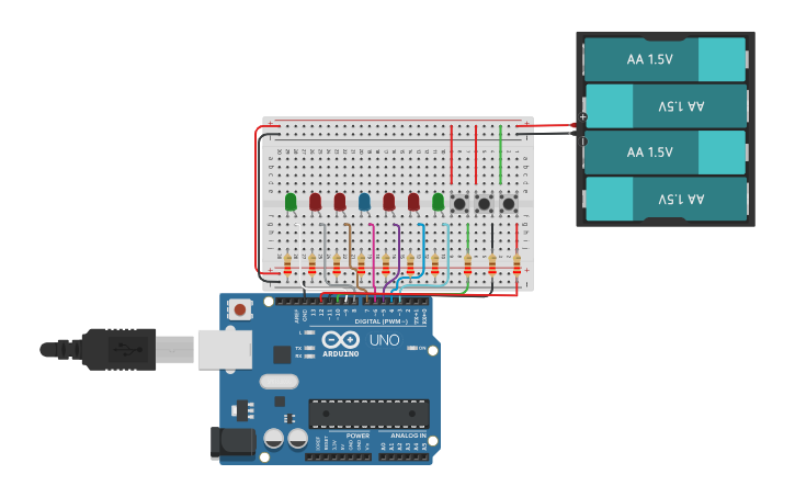 Circuit design Leds con botones - Tinkercad