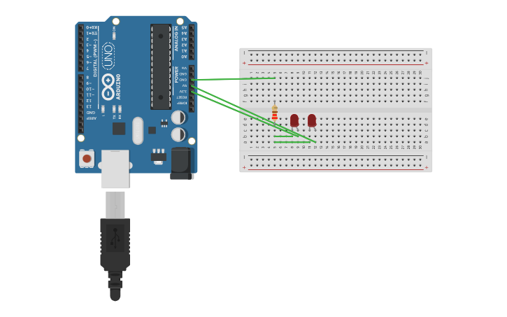 Circuit design Arduino with Resistor and two LED - Tinkercad