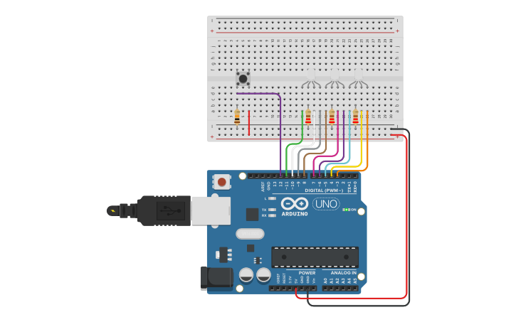 3 Color Arduino Button Driver Circuit design Arduino with 3 rgb and push button - Tinkercad