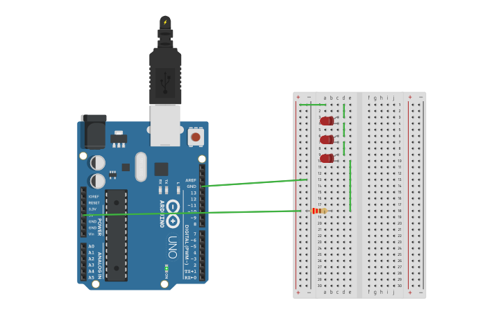 Circuit design Lab 3 part 2 leds in series - Tinkercad