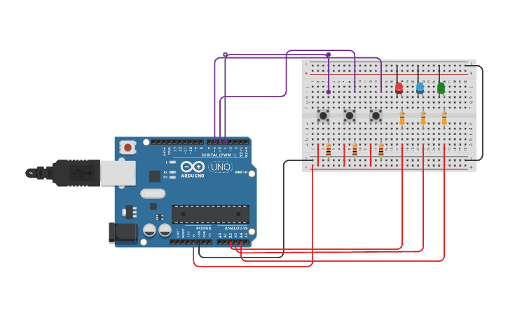 Circuit design Circuito 3 LEDS con 3 Pulsadores - Tinkercad