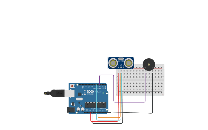 Circuit design Arduino Uno dengan Sensor Ultrasonik dan Buzzer - Tinkercad
