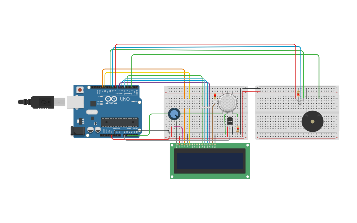 Circuit design Digital Thermometer and Fire Alarm System - Tinkercad