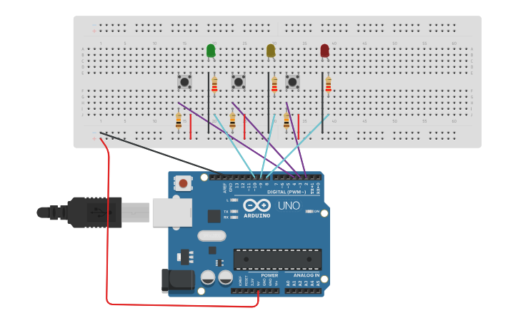Circuit design 3 Botones - 3 LEDs - Tinkercad