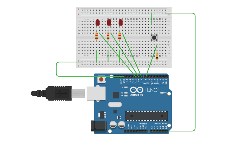 Circuit design Use Push Buttons to control 3 LEDs - Tinkercad