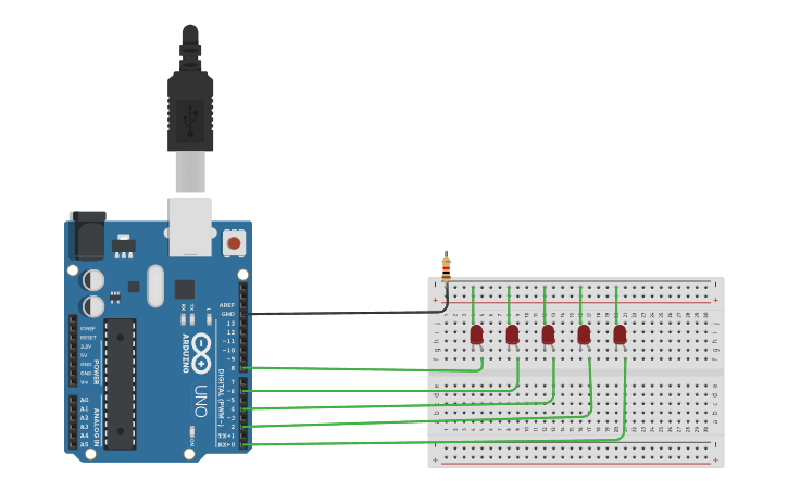 Circuit design 5 leds - Tinkercad