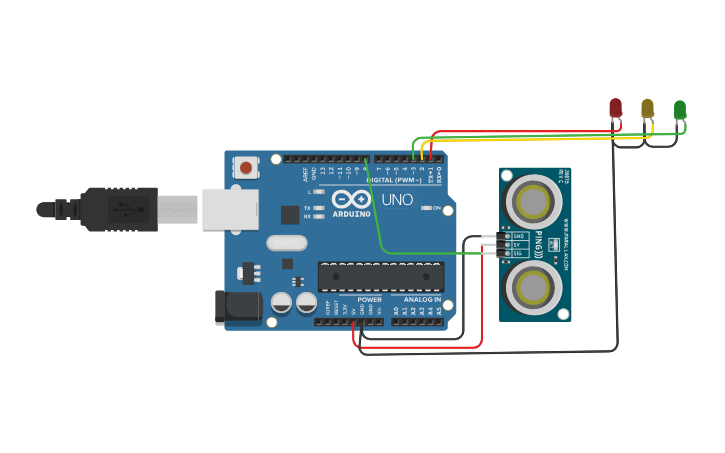 Circuit design Single traffic light based on distance sensor - Tinkercad