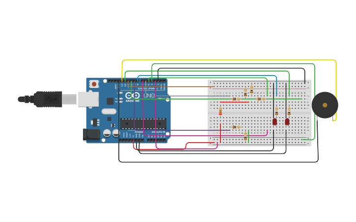 Circuit design Sensor de temperatura com alarme e LCD - Tinkercad