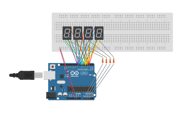 Circuit design Display de 7 segmentos de 4 dígitos - Tinkercad