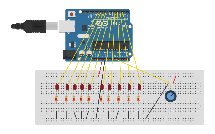 Circuit design 10 LED and Pot - Tinkercad