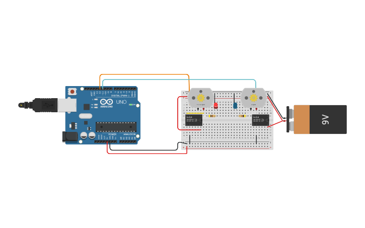 Circuit design 2 leds 2 motores - Tinkercad