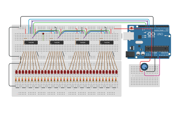 Circuit design 32bit Binary Incrementor 75HC595 - Tinkercad