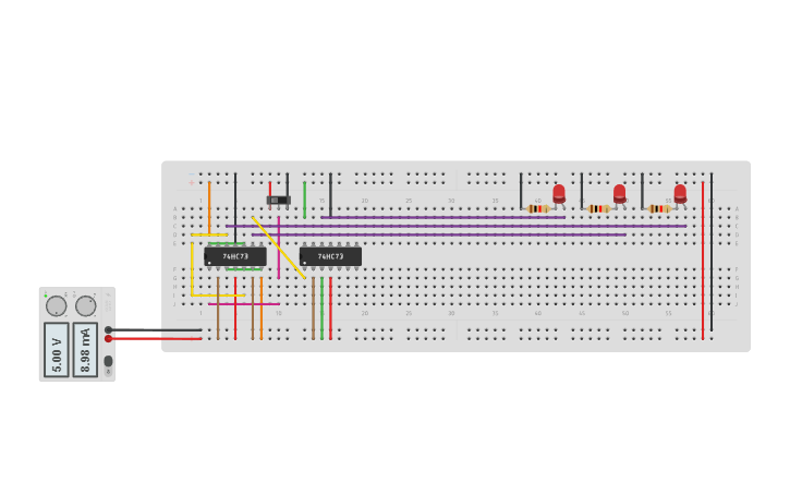 Circuit design 3-bit Asynchronous Counter using JK Flip flops - Tinkercad