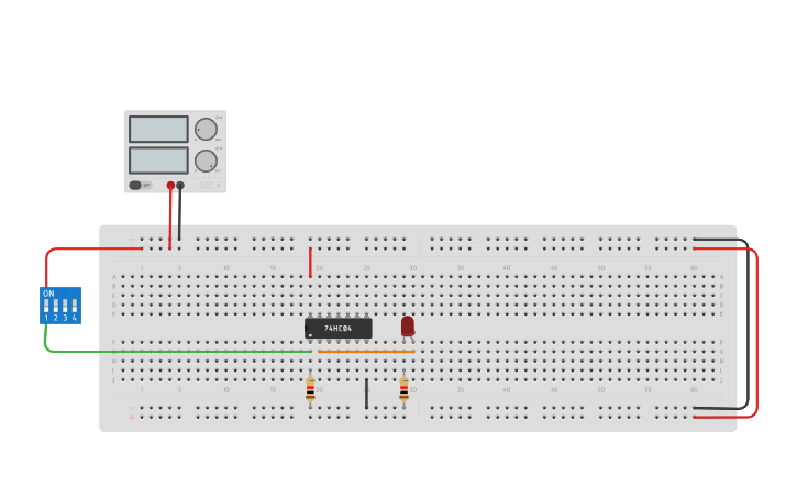 Circuit design Compuerta NOT - Integrado 7404 - Tinkercad