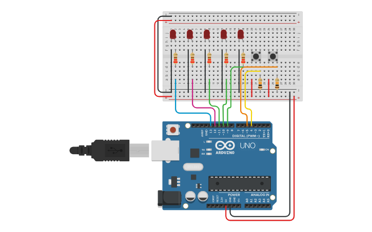 Circuit design 2 button 5 led - Tinkercad