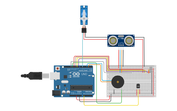 Circuit design Servo motor controlling with ultrasonic sensor - Tinkercad