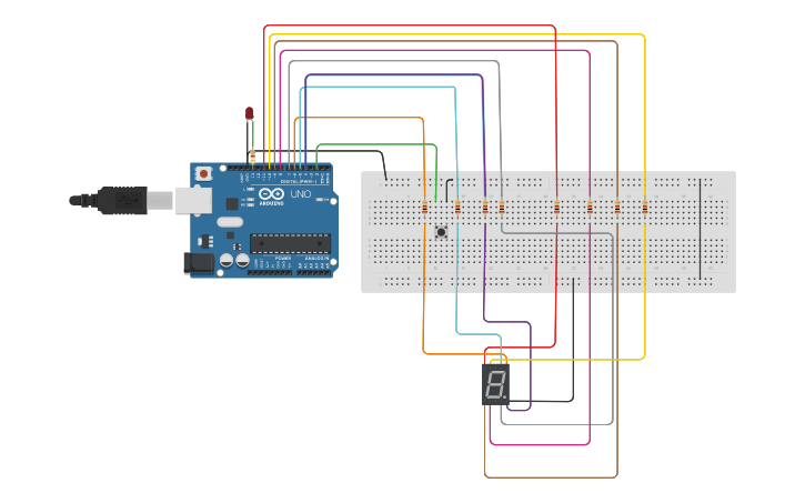 Circuit design Arduino 7 segment display with push button - Tinkercad