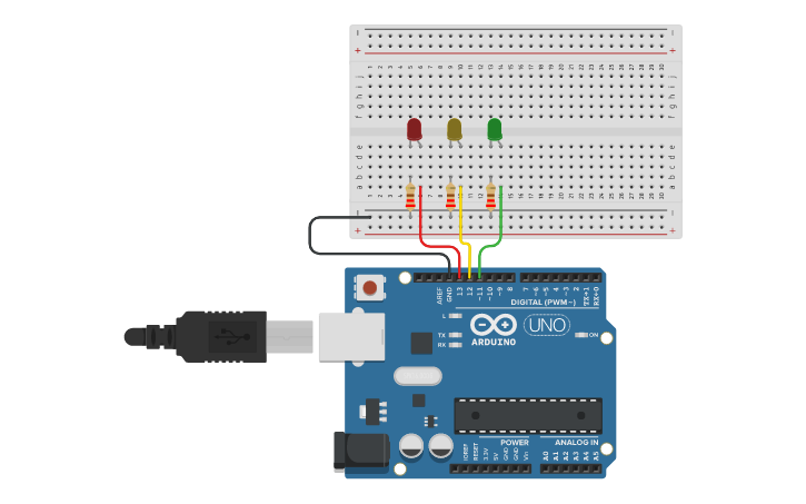 Circuit design Protoboard y un Arduino - Tinkercad