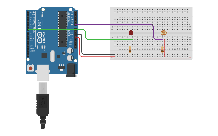 Circuit design Photoresistor with LED - Tinkercad