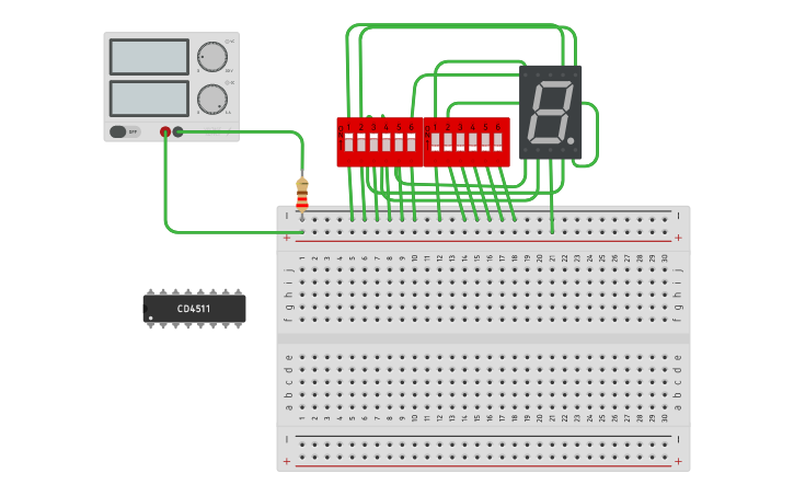 Circuit design 7 segment display with a-bp switch set - Tinkercad