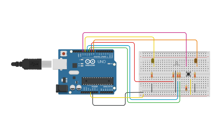 Circuit design Led RGB + 2 leds + botón - Tinkercad
