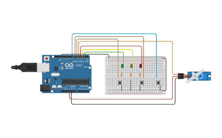 Circuit design Arduino control de leds y servomotor - Tinkercad