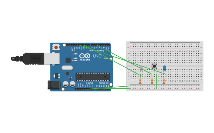 Circuit design task 1 (2 led blink + 1 pushbutton) - Tinkercad