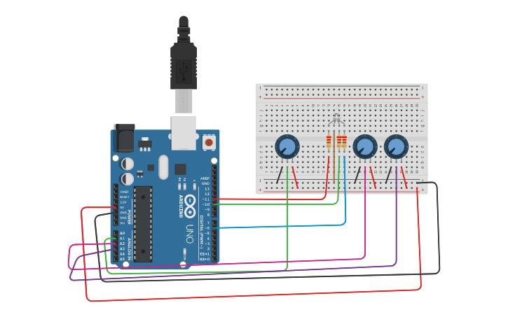 Circuit design RGB with 3 Potentiometers - Tinkercad