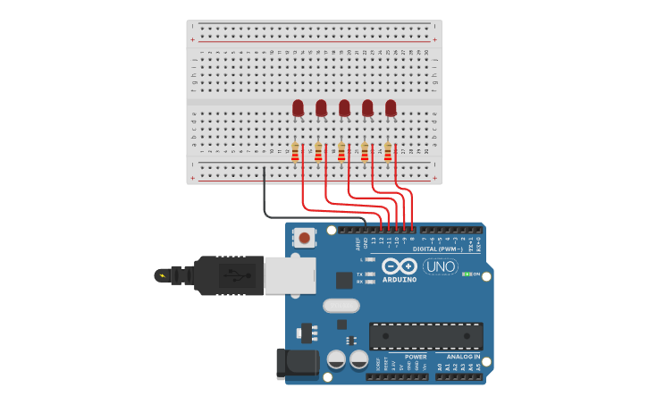 Circuit design loops: 5 leds blinking - Tinkercad