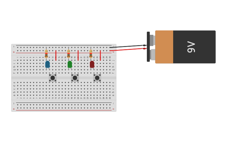 Circuit design Circuito eléctrico 3 leds y 3 pulsadores - Tinkercad
