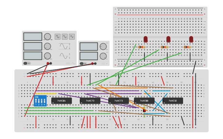 Circuit design 3 bit synchronous up/down counter - Tinkercad