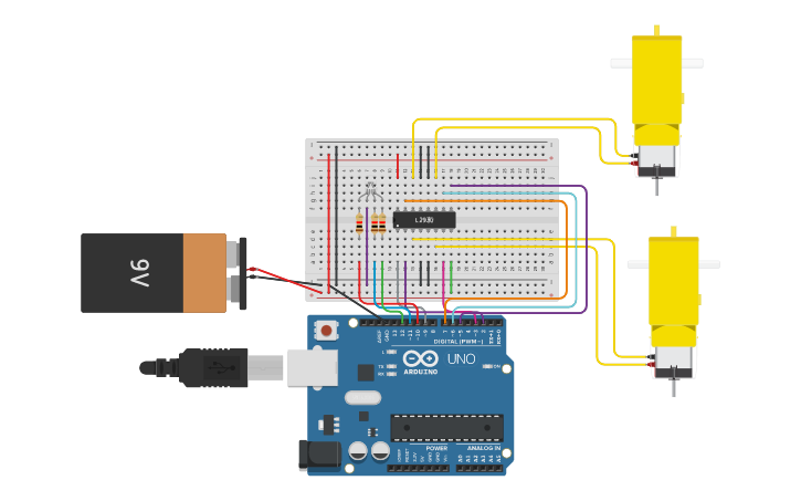 Circuit design Button LED Motor - Tinkercad
