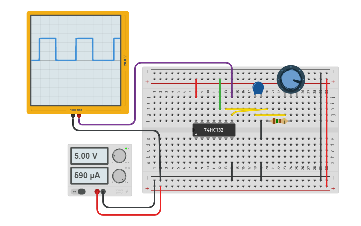 Circuit design Oscillator 74HC132 - Tinkercad