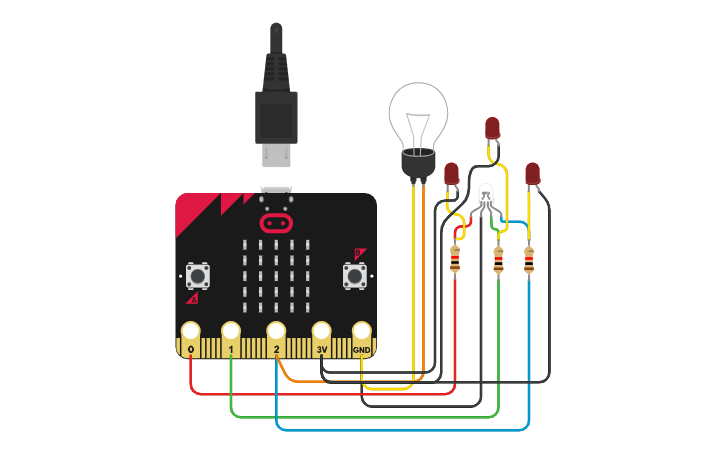 Circuit design Microbit, light bulb, 3 LED and 1 LED RGB - Tinkercad