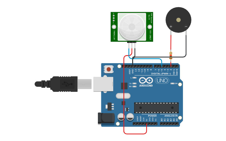 Circuit design motion alert system using buzzer - Tinkercad