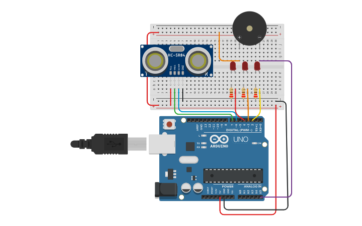 Circuit design Sensor de distância utilizando um Buzzer - Tinkercad