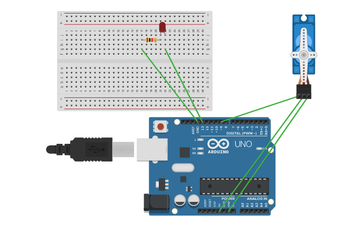 Circuit design LED and Servo Motor - Tinkercad