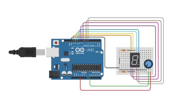 Circuit design 7 Segment Display with Potentiometer - Tinkercad