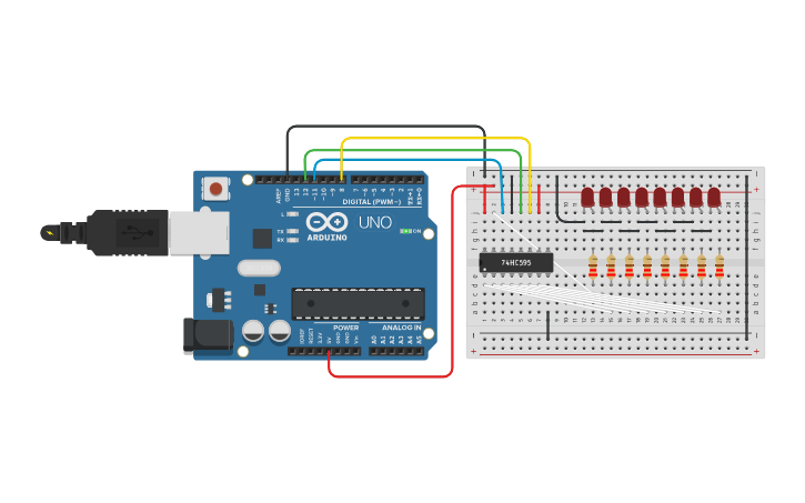Circuit design Shift register LED's - Tinkercad