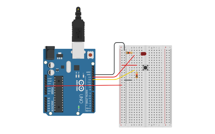 Circuit design Push button and LED Circuit - Tinkercad