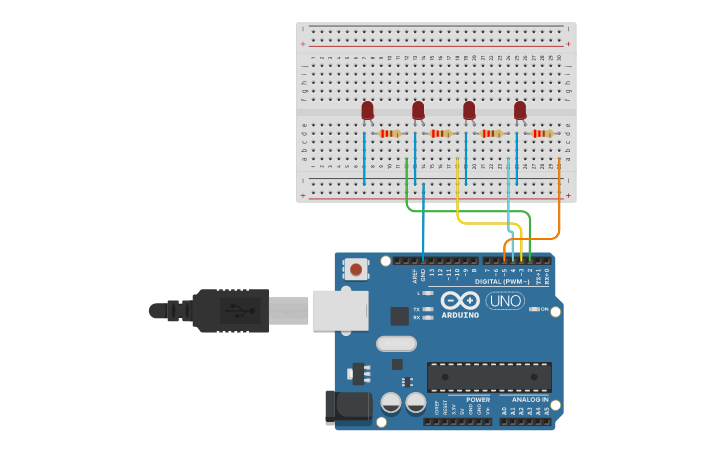 Circuit design CL.ELEC 002 - SECUENCIA DE LUCES 4 LEDS - Tinkercad