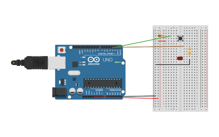 Circuit design ENCENDIDO DE UN LED CON UN PULSADOR _ejemplo - Tinkercad