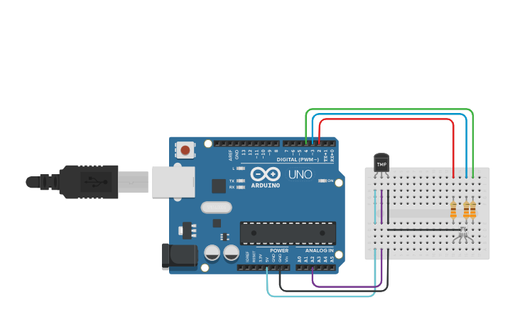 Circuit design Taller, circuito con sensor de temperatura - Tinkercad