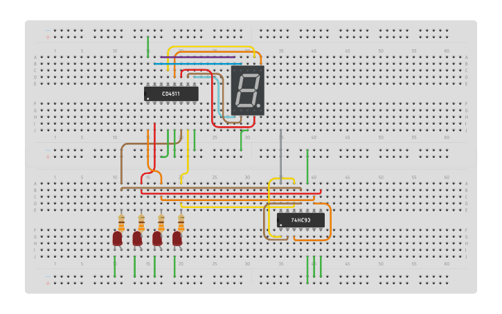 Circuit design 7490 up counter mod. 10 - Tinkercad