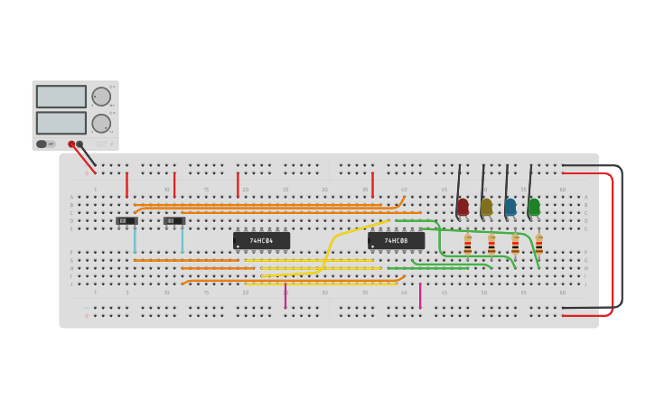 Circuit design 2 to 4 line decoder - Tinkercad
