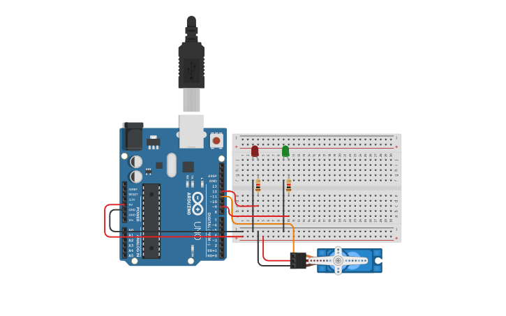 Circuit design Ejercicio 5: Arduino + Servo + 2 LEDs - Tinkercad