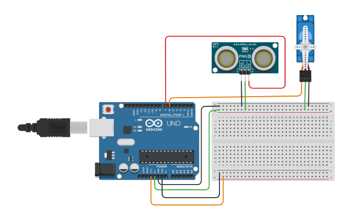 Circuit design DIO _ ULTRASONIC SENSOR AND SERVO MOTOR - Tinkercad