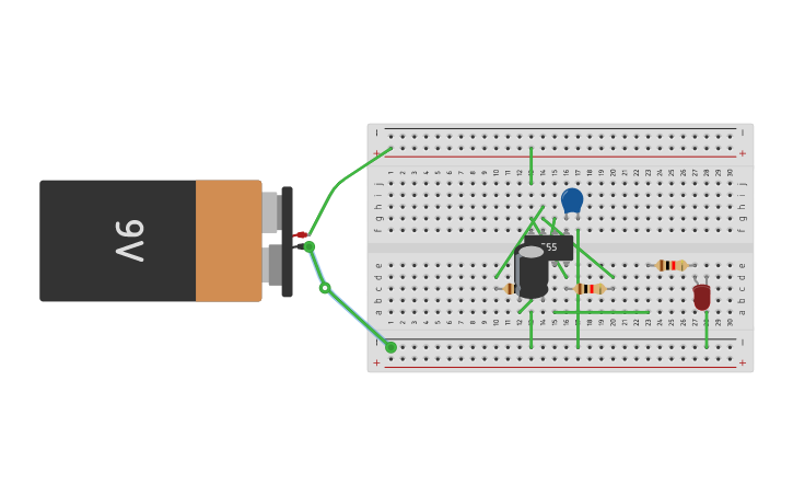 Circuit design 555 flashing LED - Tinkercad