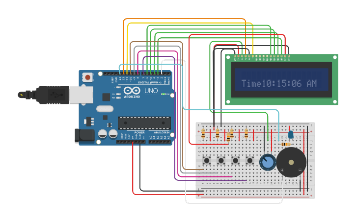 Circuit design Digital Clock with alarm, timer and stopwatch - Tinkercad