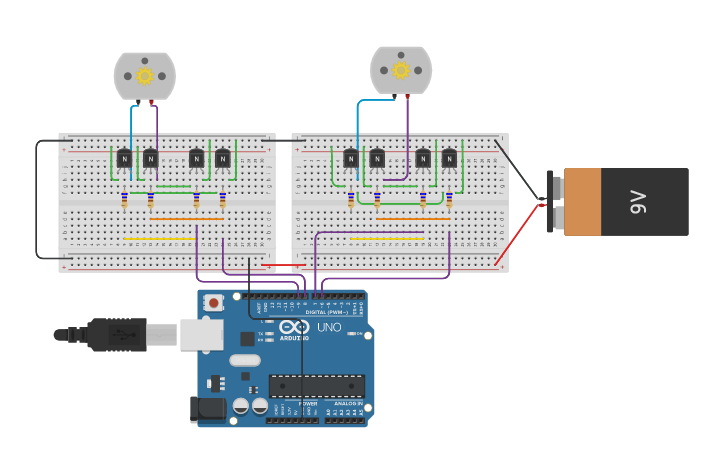 Circuit design H-Bridge with transistors + Arduino - Tinkercad